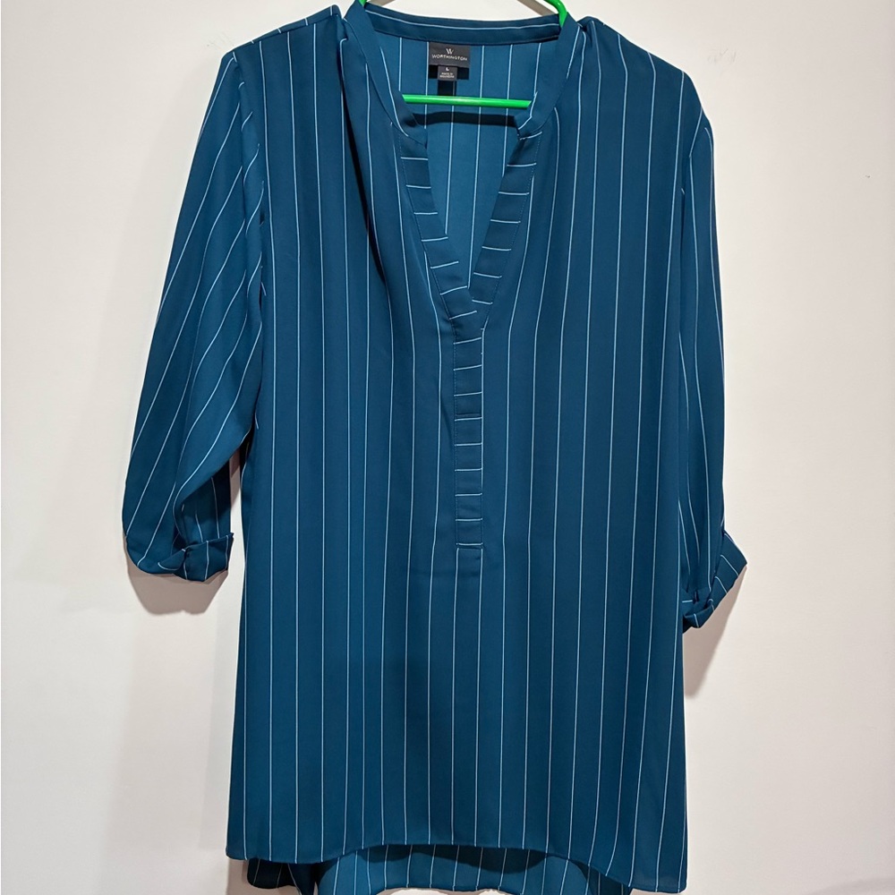 Worthington Blue Pinstripe V-Neck Blouse